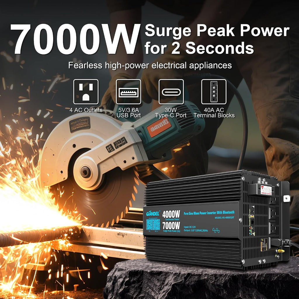 4000W Pure Sine Wave Power Inverter 12V to 120V AC,7000W Surge,Compatible with All 12V Batteries,Bluetooth