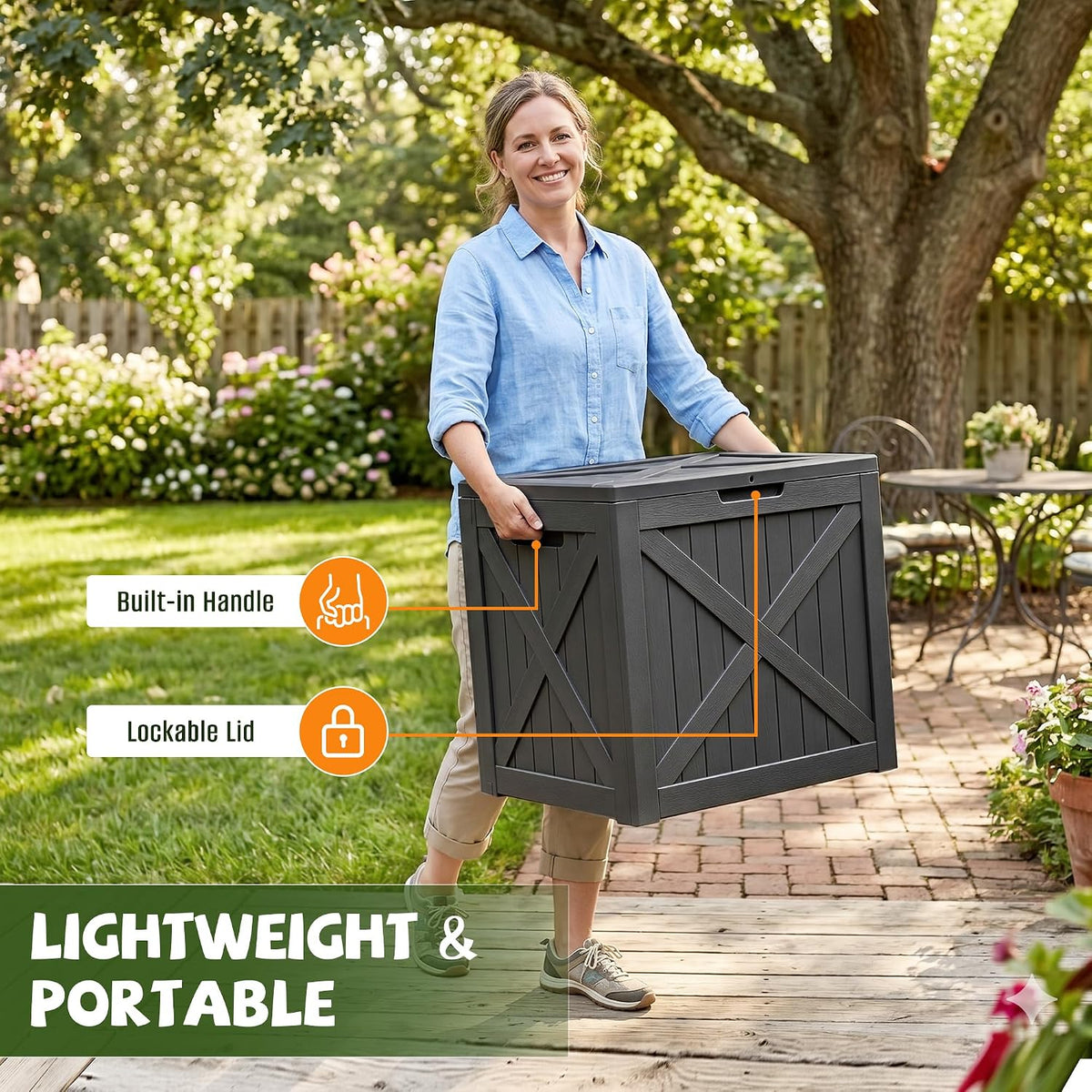 40 Gallon Waterproof Resin Deck Box,Outdoor Toy Storage Box Lock Bin | Small Deck Box, Outside Storage Box Waterproof