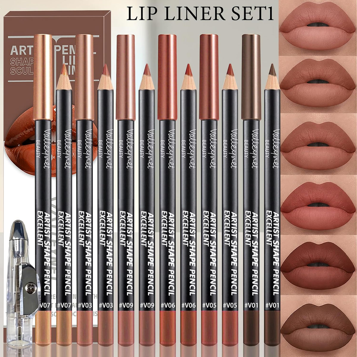 6 Colors Nude Brown Lip Liner Set with Sharpener, Long Lasting