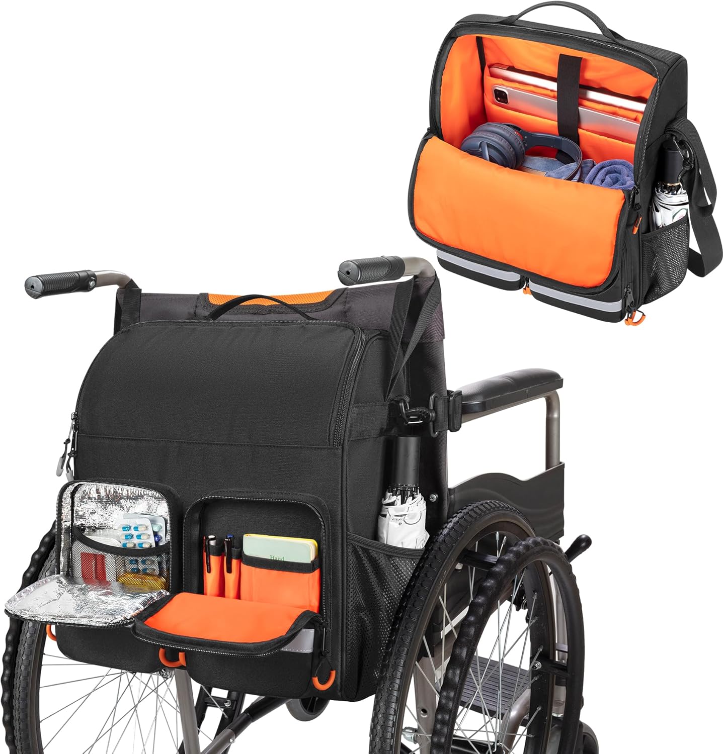Large Wheelchair Bag to Hang on Back, Wheelchair Accessories Backpack for Adult & Senior, Wheelchair Pouch with