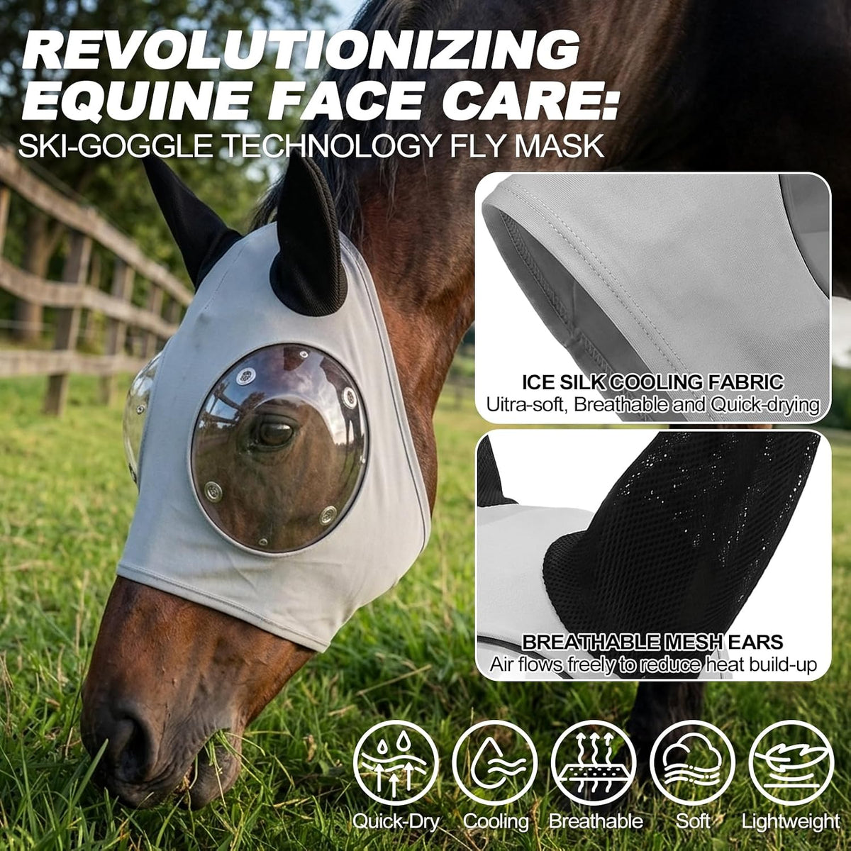 Horse Fly Mask with Ears - Ice Silk Cooling Fabric for Summer, Upgraded Anti-Fog & UV Blocking Ski-Grade Eye Mesh