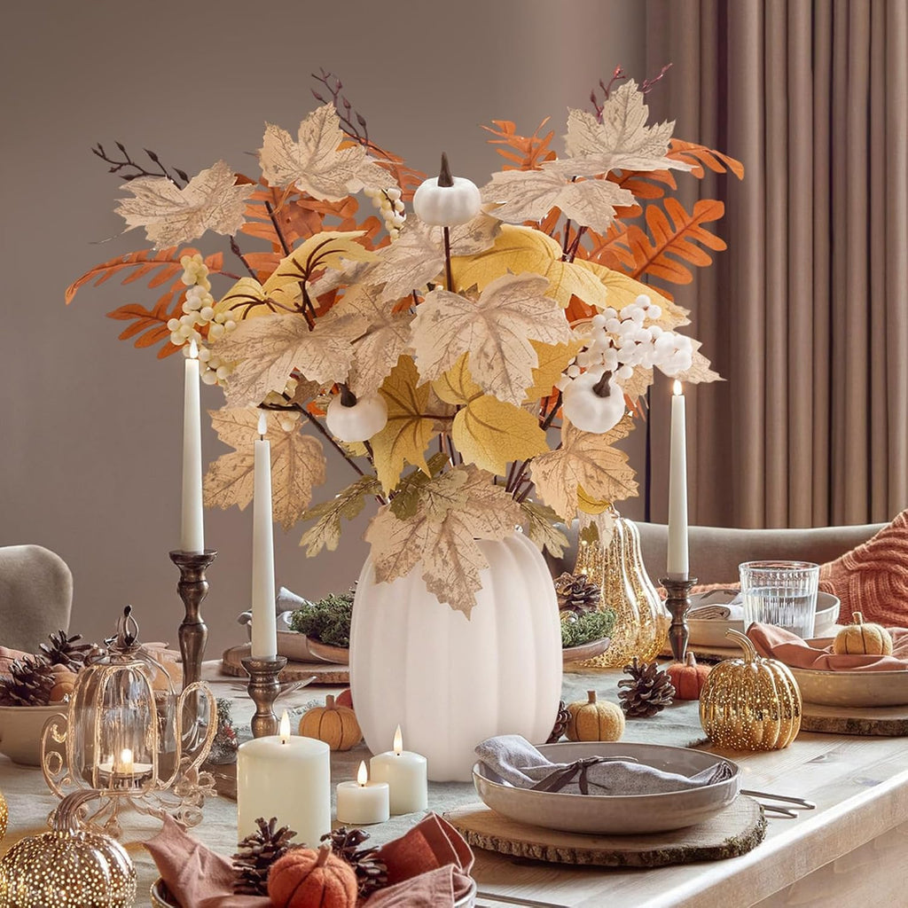 Fall Decor - Ceramic Pumpkin Vase with 15 PCS Autumn Maple Leaf Pumpkin Berry Stems - Table Centerpieces Thanksgiving