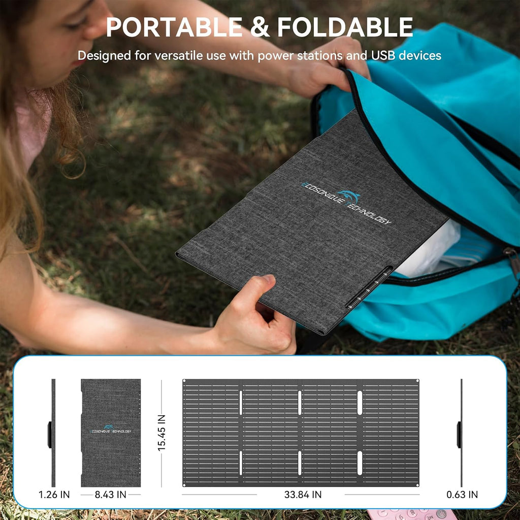 Ecosonique 60W Portable Foldable Solar Panels Charger with USB-C USB-A DC | Fast Charging, Lightweight, ETFE
