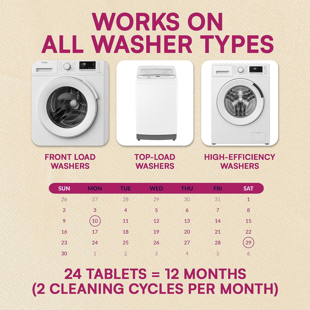 Washing Machine Cleaner Tablets Unscented 24 Pack Residue-free Laundry Washer Cleaner for HE Front Load, Top Load