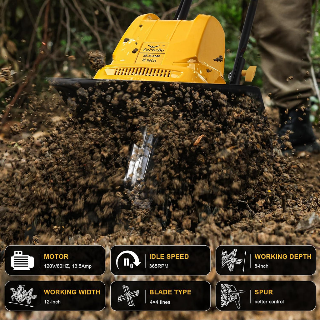 Electric Tiller/Cultivator 4 Steel Tines, 8'' Tilling Depth Garden Roto Tillers for Gardening, 13.5 Amp 12 Inch
