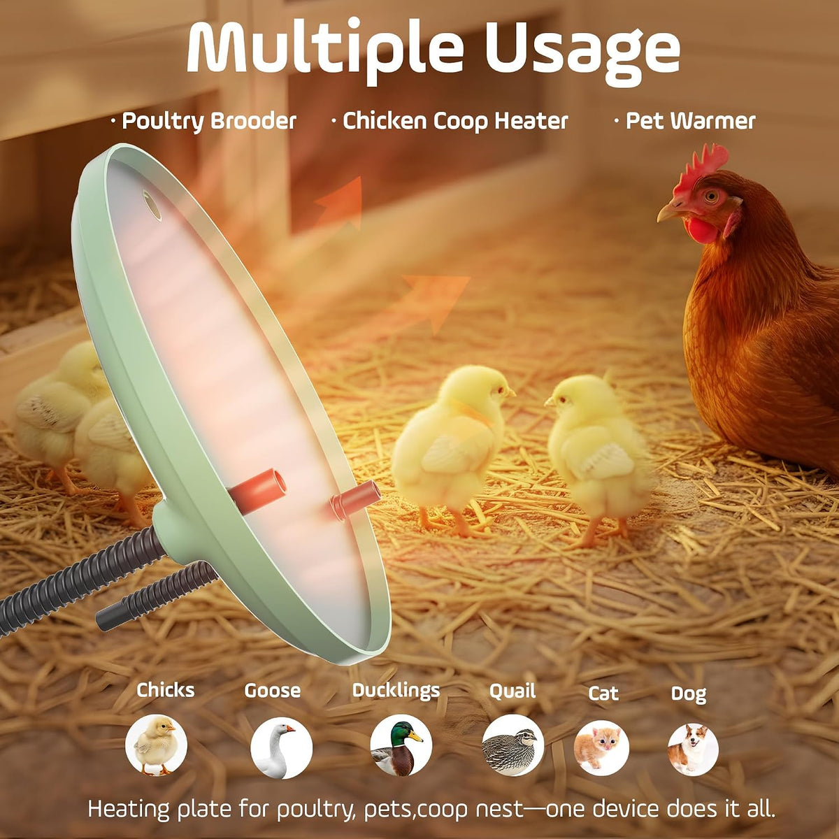 Chicken Brooder Heater, Adjustable Height &Temperature, 12" Metal Heating Plate, Easy Clean, Safe Use 35Watts Chick
