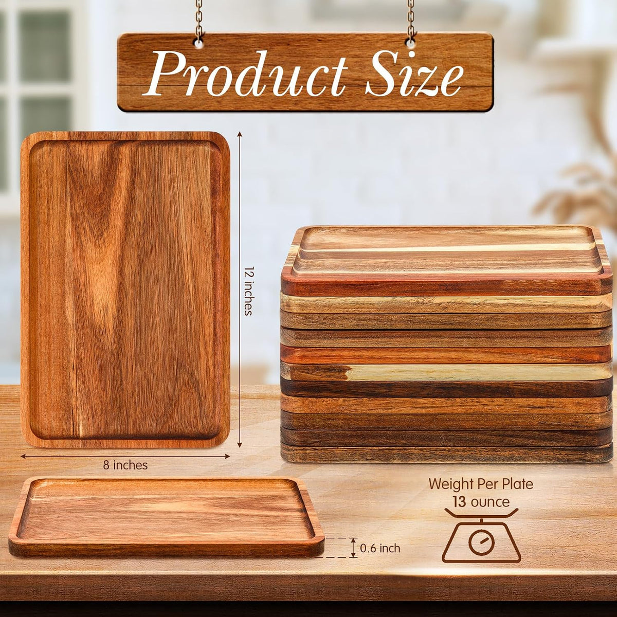 12 Pcs Acacia Wood Serving Tray Dinner Plates,8'' X 12'' X 0.6''