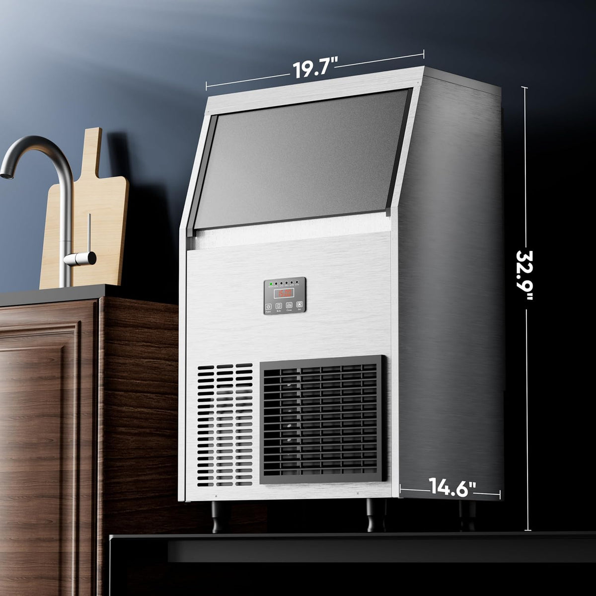 Commercial Ice Maker Machine 200 Lbs/24H with 50 Lbs Storage Bin, Stainless Steel Under Counter Ice Machine, Self