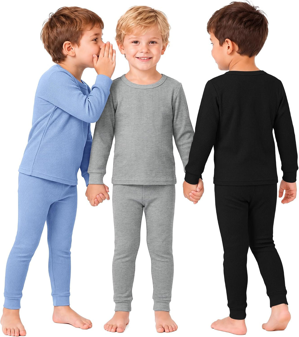 3 Set Thermal Underwear Set for Kids Waffle Long Sleeve Thermal Shirt and Long Johns for Toddler Boys