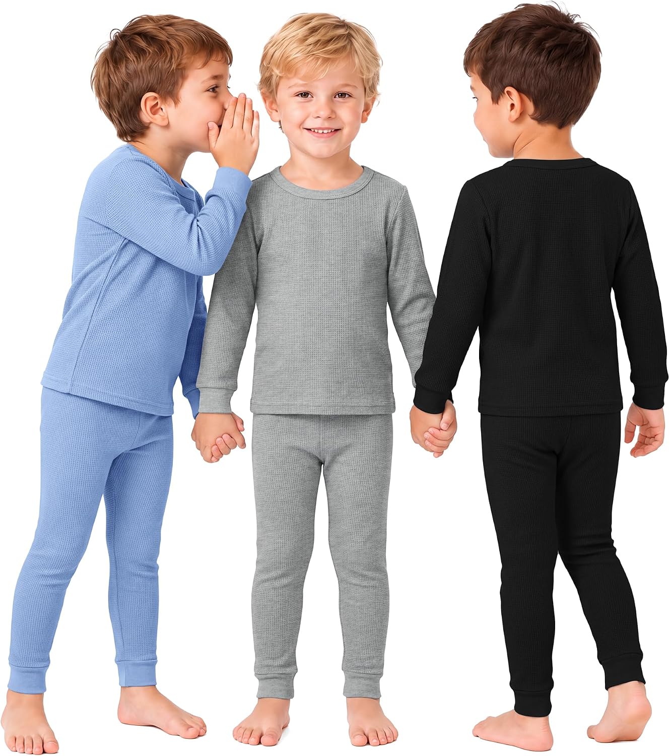 3 Set Thermal Underwear Set for Kids Waffle Long Sleeve Thermal Shirt and Long Johns for Toddler Boys
