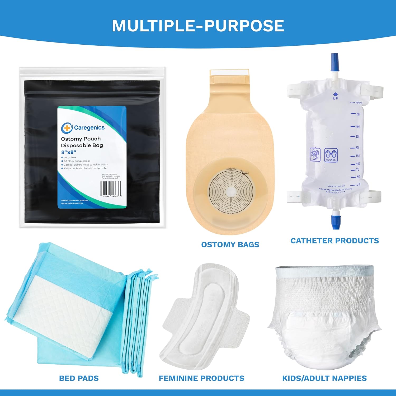 8x8 Ostomy Pouch Disposable Bags/Zip Seal Closure, Prevents and Locks in Odors, Mess-Free / 8"x8" by Caregenics (60