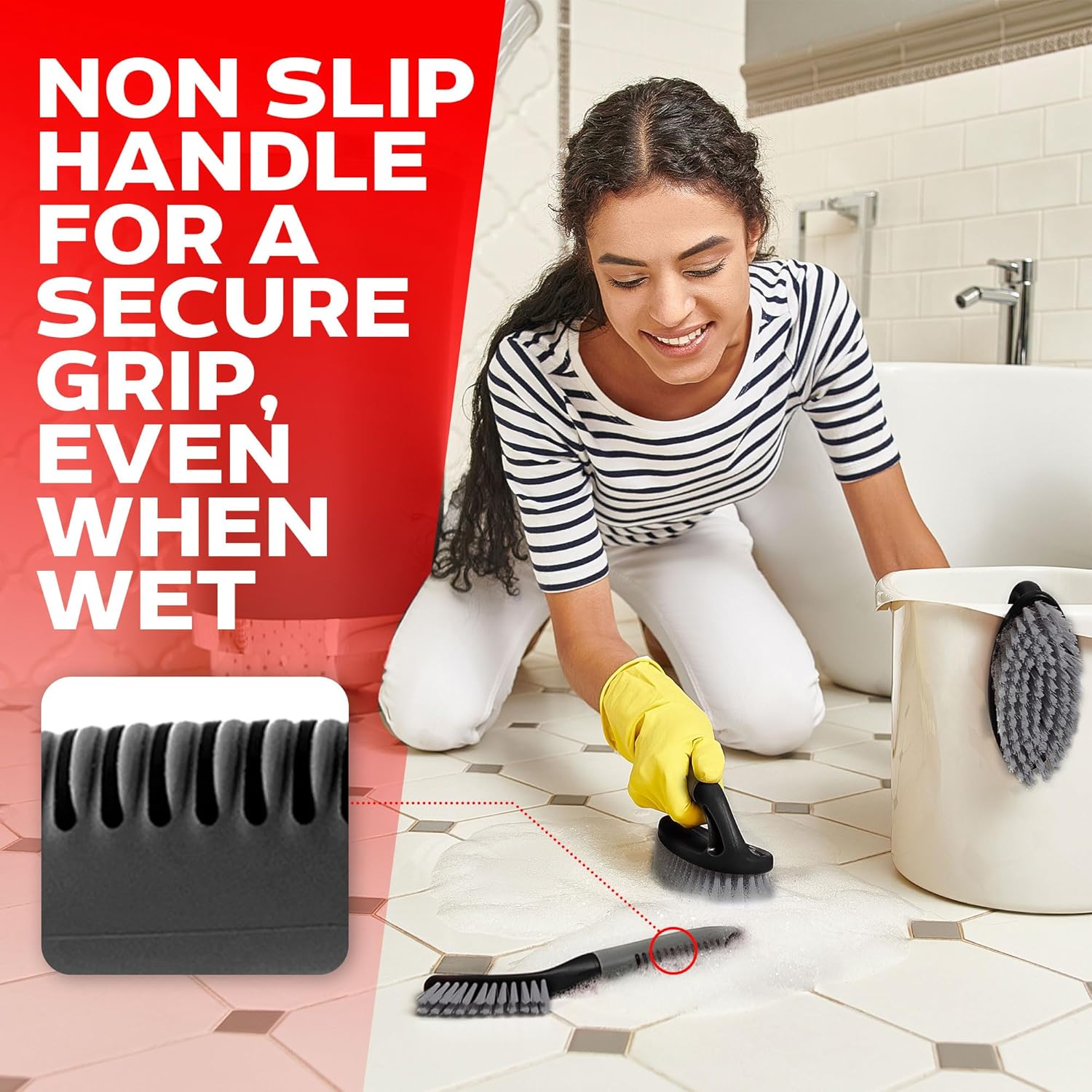 Scrub Brush Set of 6 pcs - Cleaning Shower Scrubbers with Squeegee for Shower Glass and Adhesive Wall Hooks Including