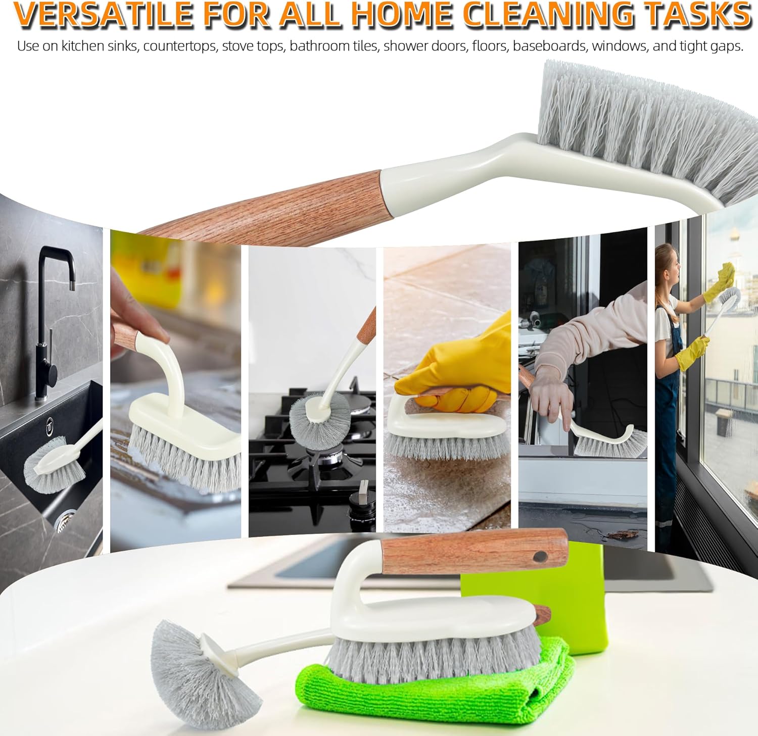 5-Pack Heavy Duty Scrub Brushes Set with Wooden Handles, Multi-Surface Scrubber for Kitchen, Bathroom, Tile & Grout