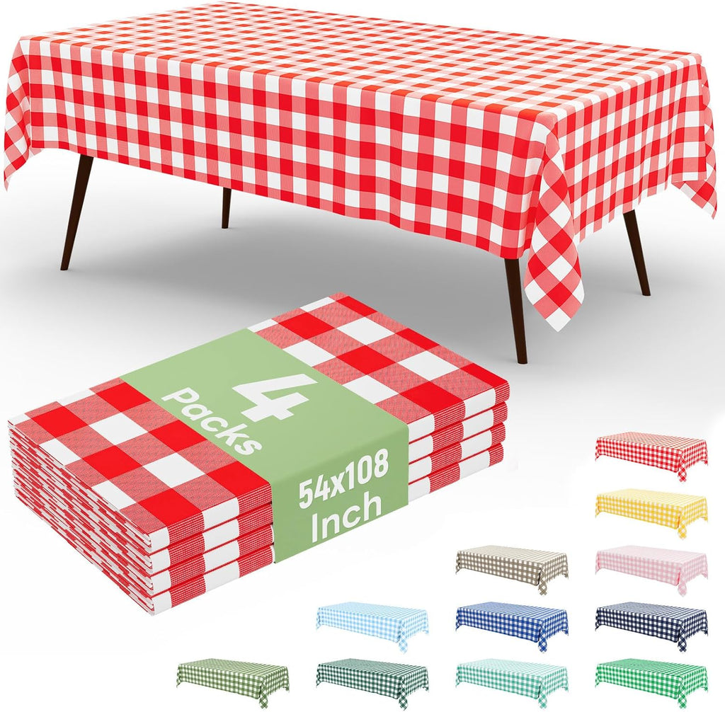 4 Packs Buffalo Disposable Table Cloth, 54 x 108 Inch Waterproof Plastic Tablecloth, Rectangle Red and White