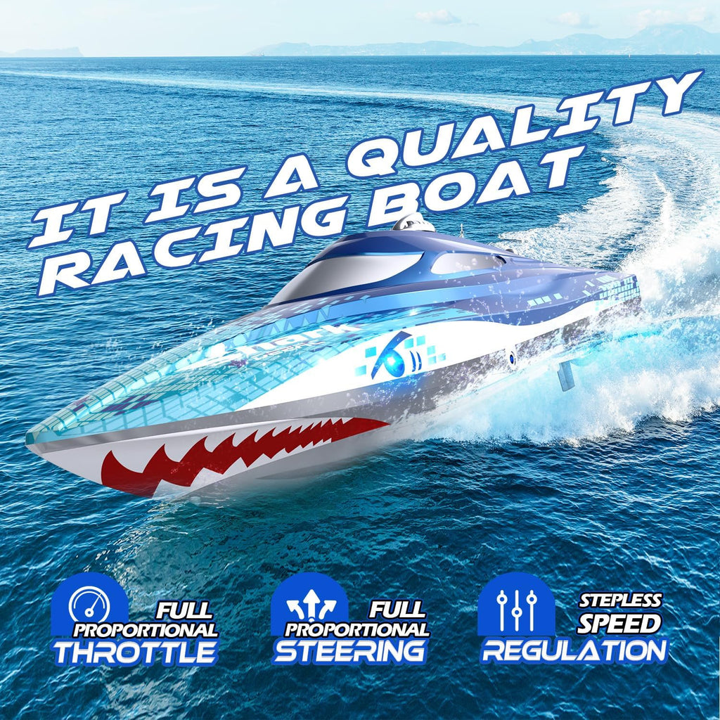 High-Speed RC Boat, 20+ MPH, Fast Remote Control Shark Racing Boat | Full Proportional, 2.4GHz Speedboat with LED