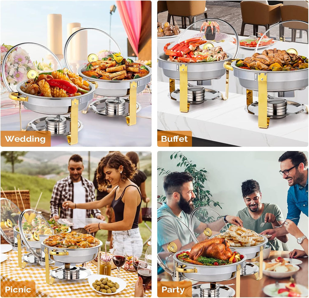5QT 2 Packs Chafing Dish Buffet Set Gold Accent, Round Stainless Steel Buffet Warmer Chafers and Buffet Warmers Sets