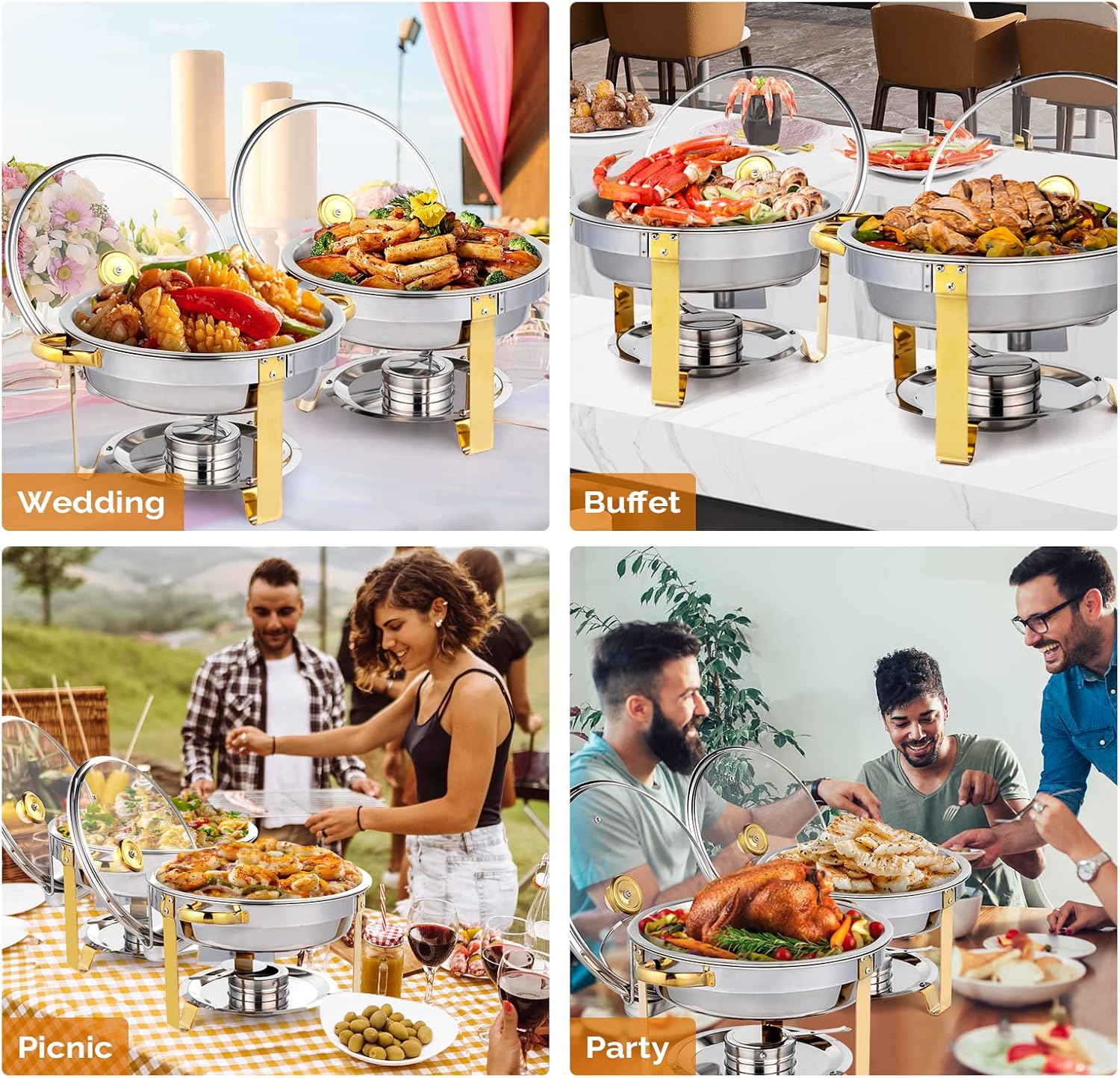 5QT 2 Packs Chafing Dish Buffet Set Gold Accent, Round Stainless Steel Buffet Warmer Chafers and Buffet Warmers Sets