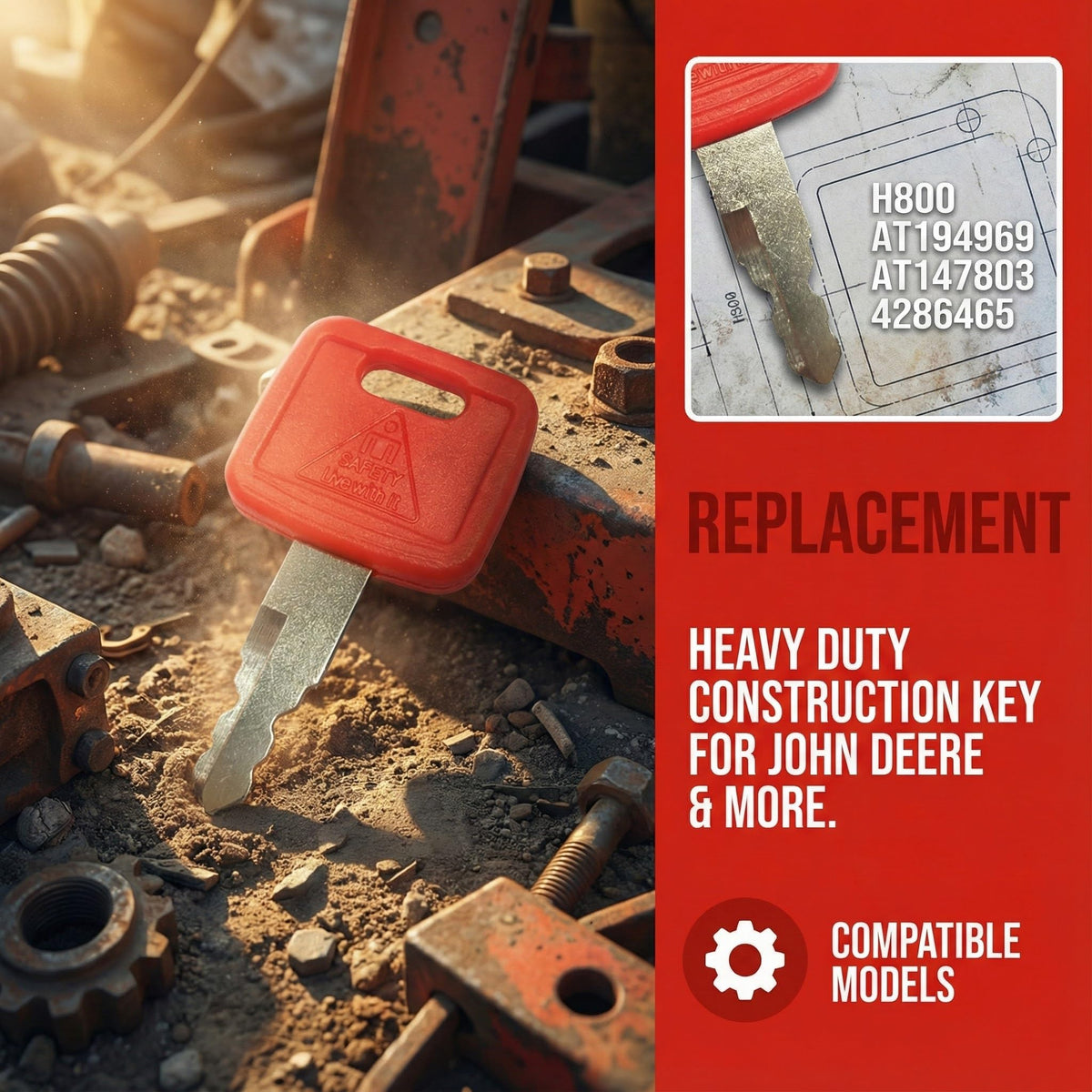 AT194969 H800 Red Ignition Keys Replacement for John Deere Excavator