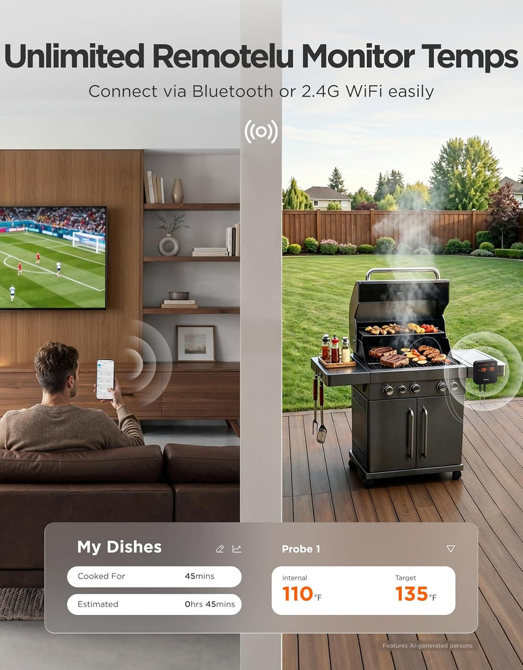 WiFi Meat Thermometer Digital with 4 Probe, App Notification Alert