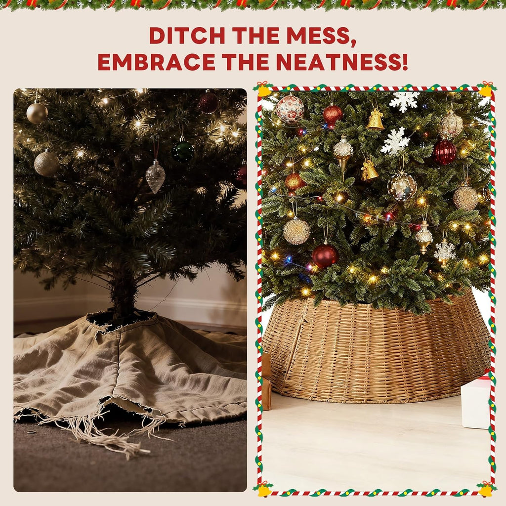 27in Christmas Tree Collar, Wicker Skirt for 7.5ft Artificial Trees, 4-Piece Wicker Base Cover, Natural