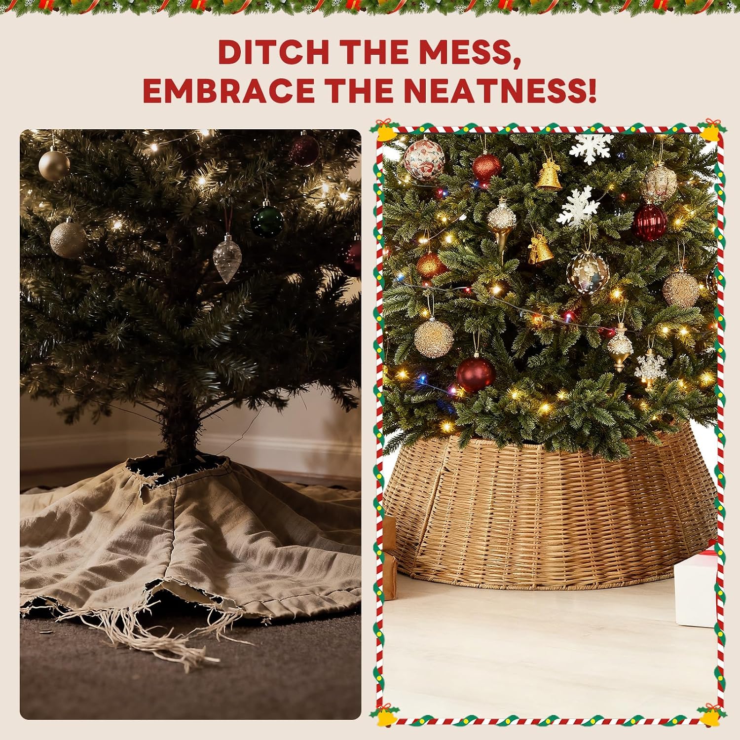 27in Christmas Tree Collar, Wicker Skirt for 7.5ft Artificial Trees, 4-Piece Wicker Base Cover, Natural