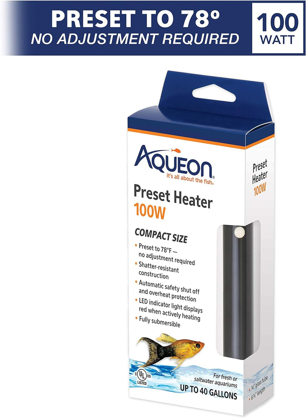 Aquarium Fish Tank Heater, Preset, Up to 30 Gallons, 100 Watts