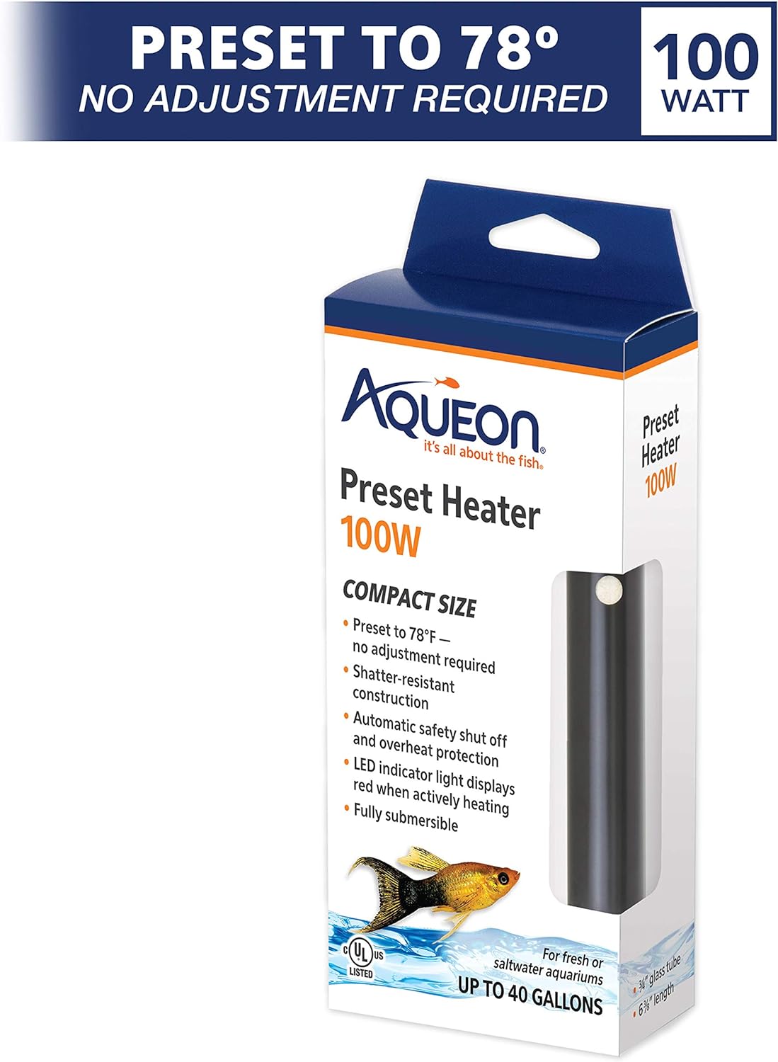 Aquarium Fish Tank Heater, Preset, Up to 30 Gallons, 100 Watts