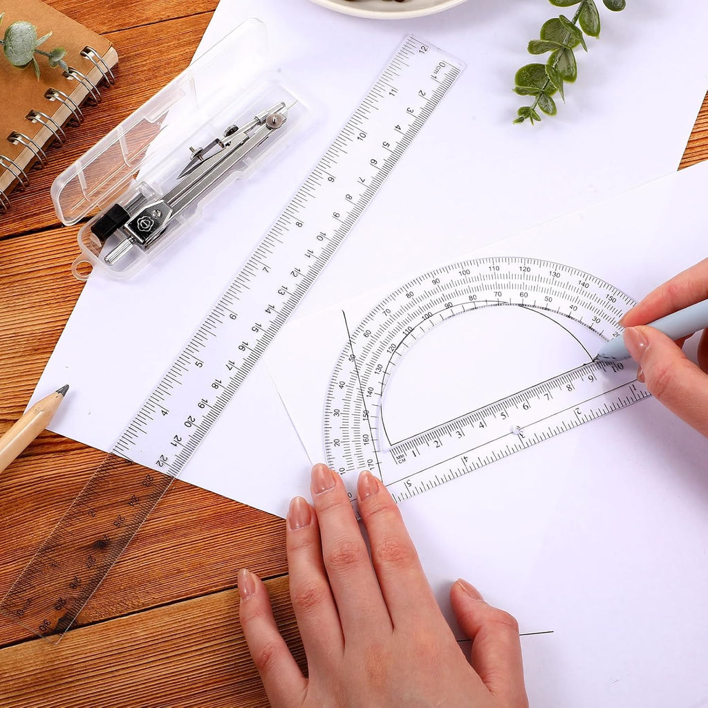 3 Pcs Plastic Ruler 6 Inch Protractor Drawing Compass Set, Student Geometry Math Transparent Measuring Tools for Home