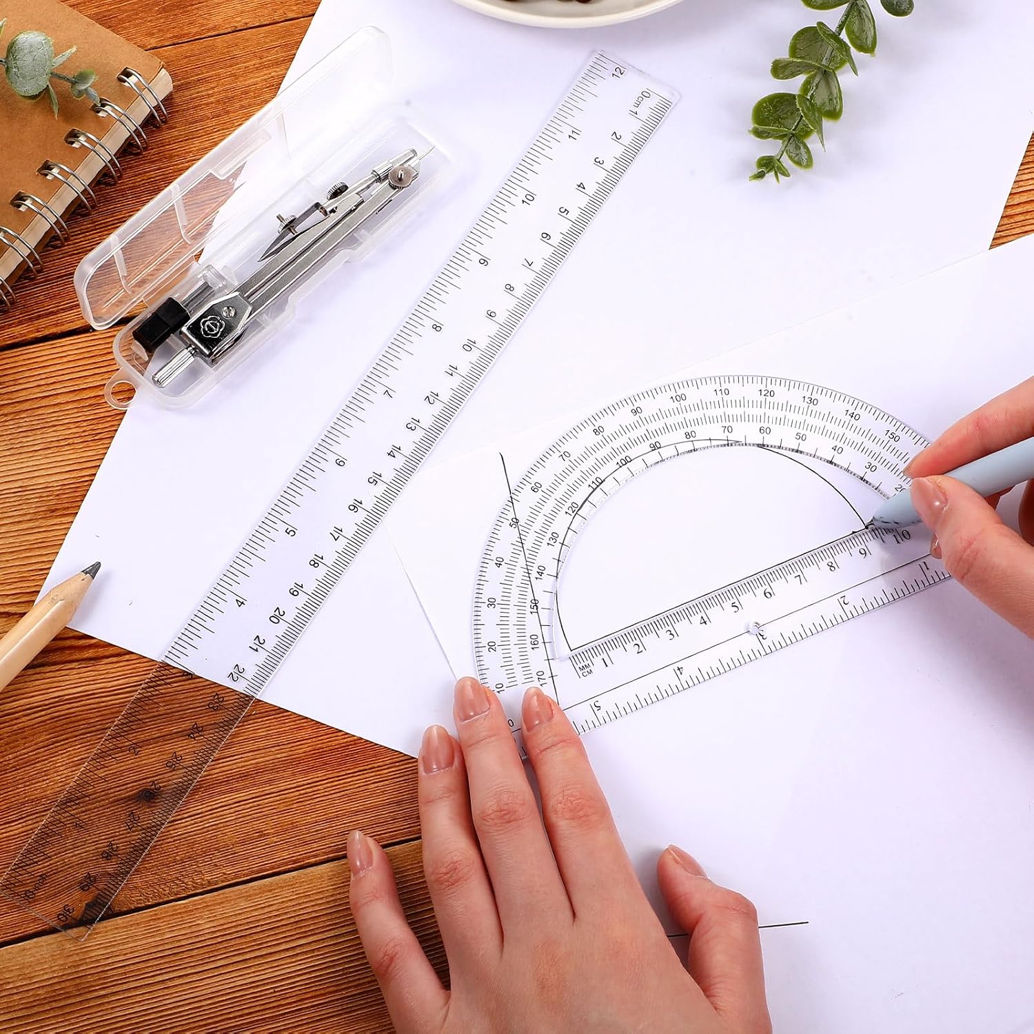3 Pcs Plastic Ruler 6 Inch Protractor Drawing Compass Set, Student Geometry Math Transparent Measuring Tools for Home