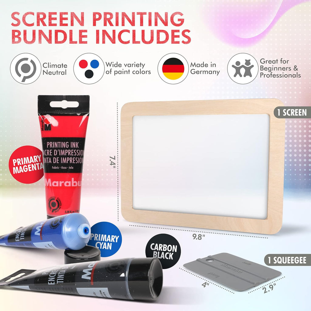 Screen Printing Kit Set - Screen Print Kit with Reusable Wooden Frame, 1 Screen Printing Squeegee, and 3 x 100ml Ink