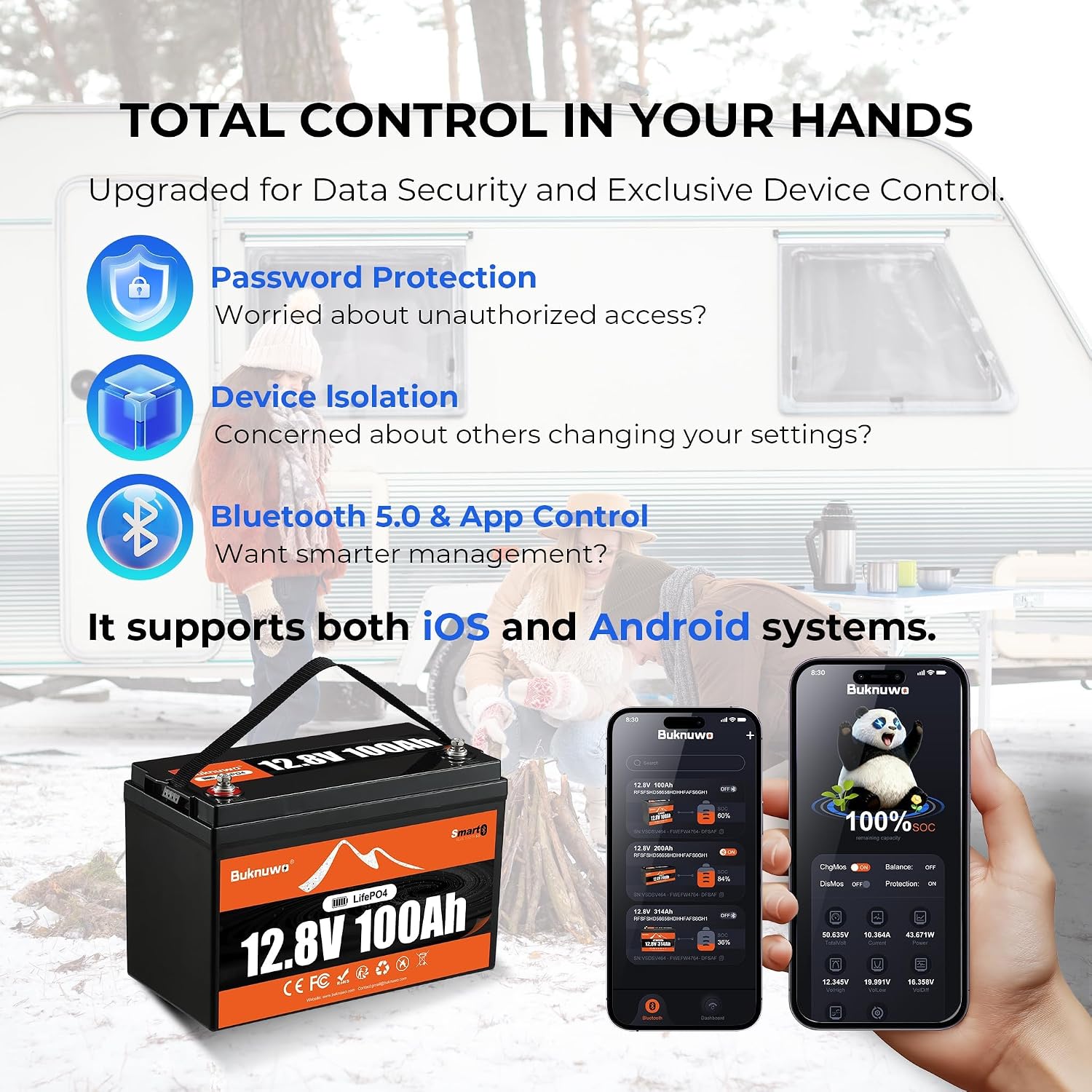12V 100Ah LiFePO4 Lithium Battery with Bluetooth,15000+ Cycles Lithium Battery for Trolling Motor, Off-Grid,Boat,RV