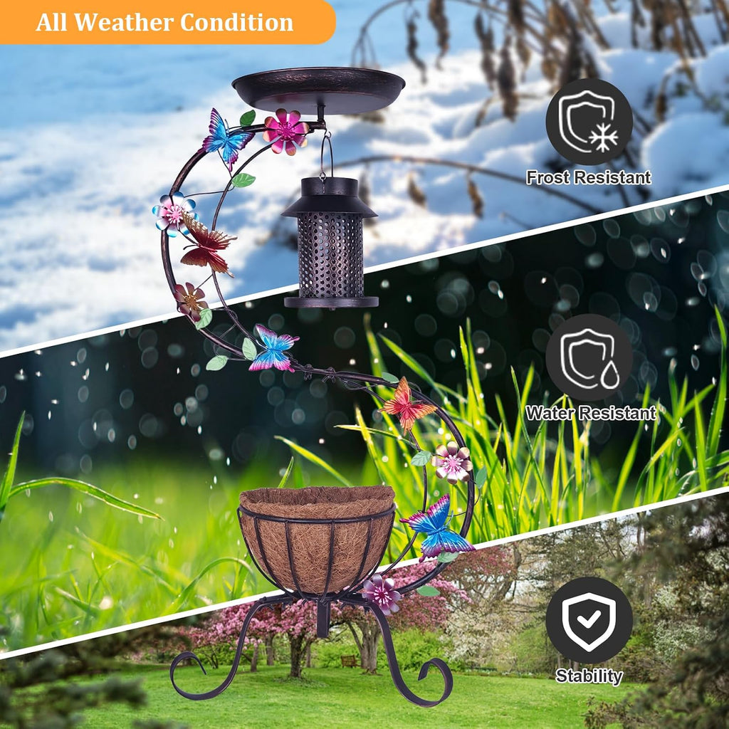 3-in-1 Vintage Bird Bath & Detachable Hanging Bird Feeder with Flower Planter, Metal Heavy Duty Outdoor Birdbath