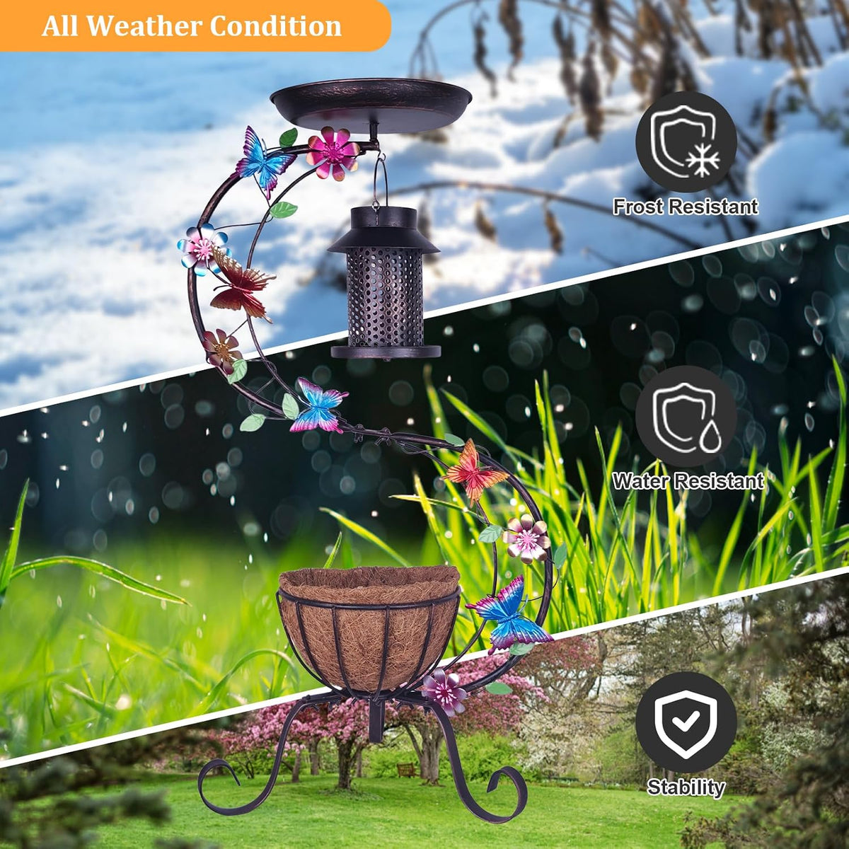 3-in-1 Vintage Bird Bath & Detachable Hanging Bird Feeder with Flower Planter, Metal Heavy Duty Outdoor Birdbath