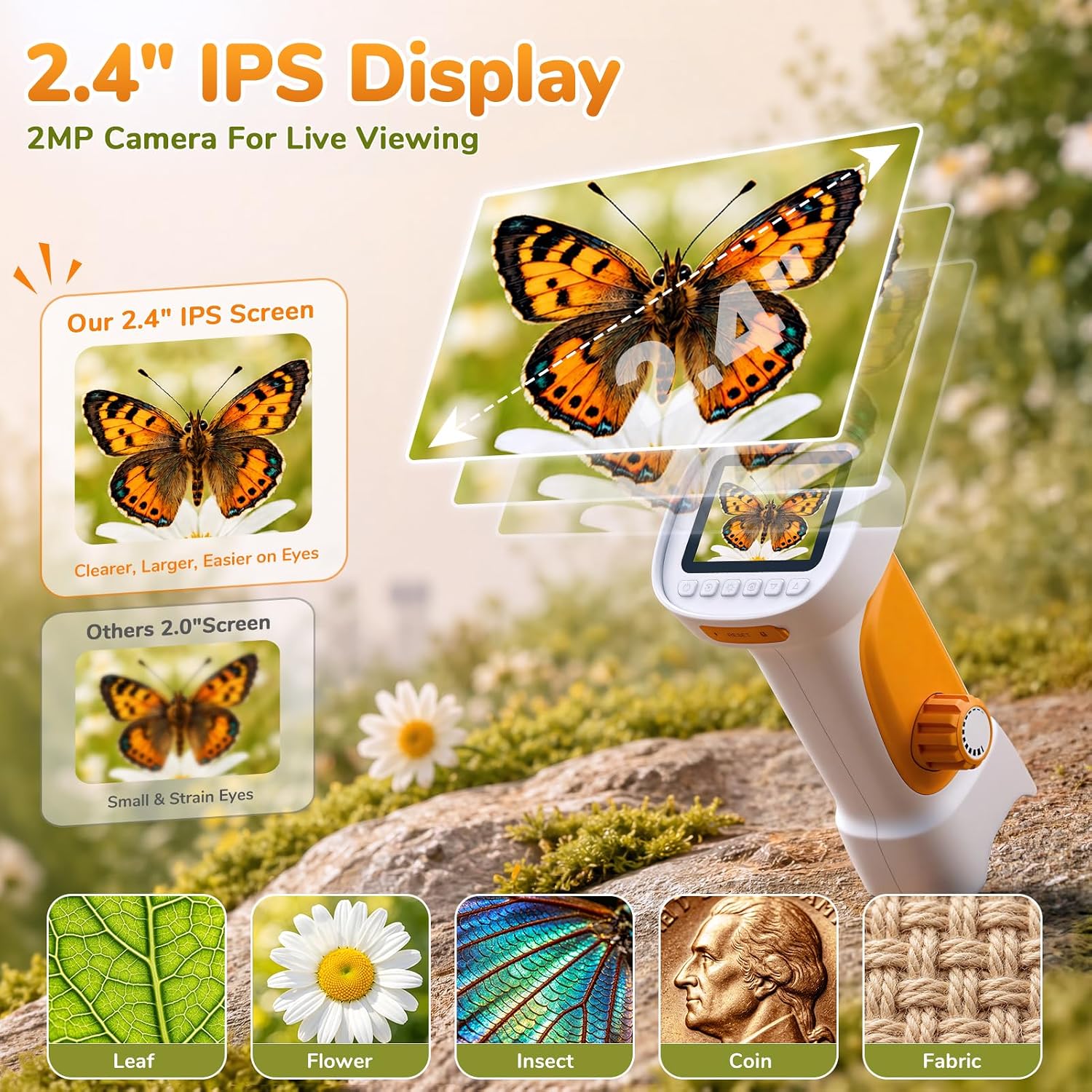 1000X Handheld Digital Microscope for Kids with 2.4" IPS Screen (Orange) | Portable Educational STEM Microscope Toy