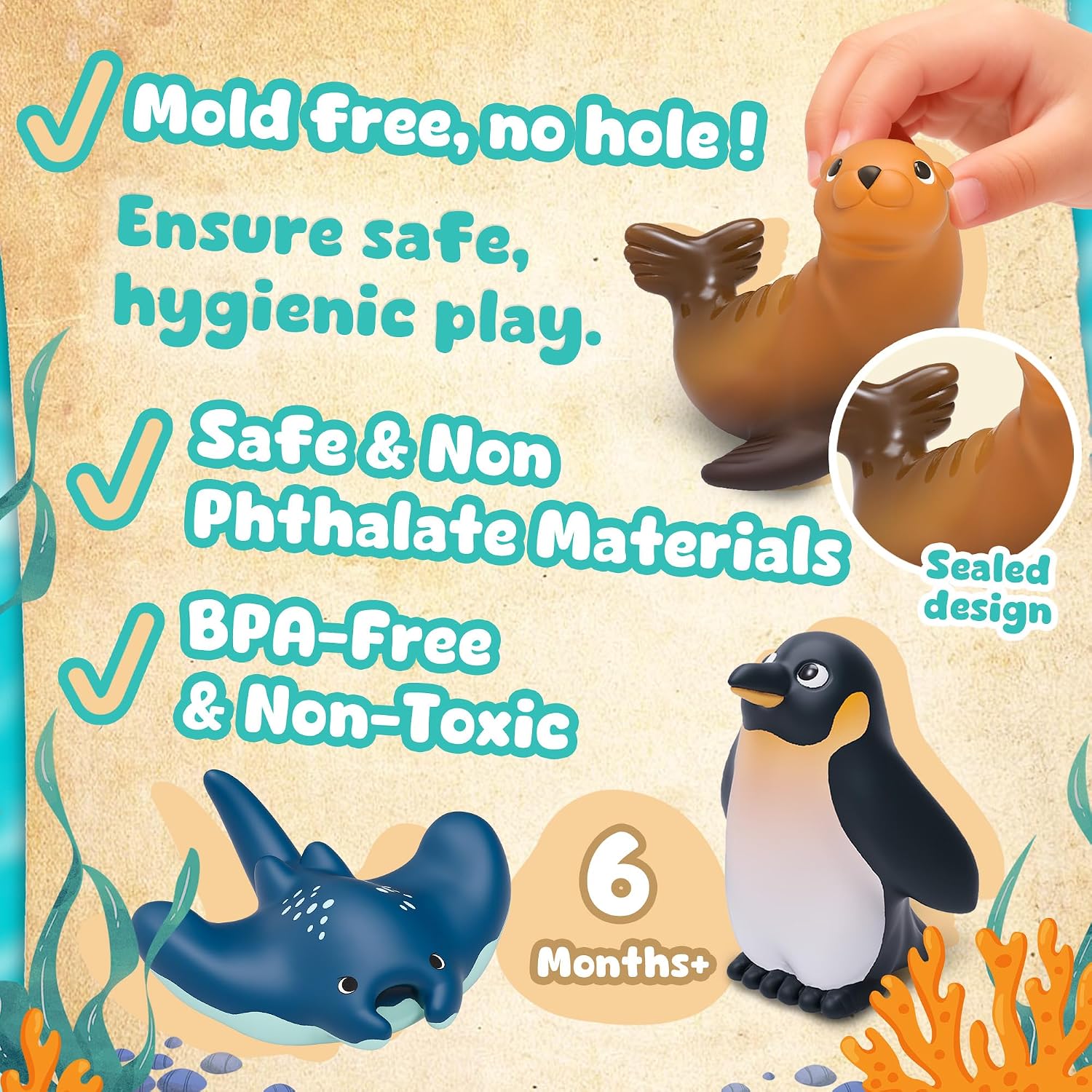 6-Pcs Ocean Animal Bath Toys for Toddlers 6M+, No Hole Mold Free Bathtub Toys, Whale Shark Dolphin Penguin Sea Animal