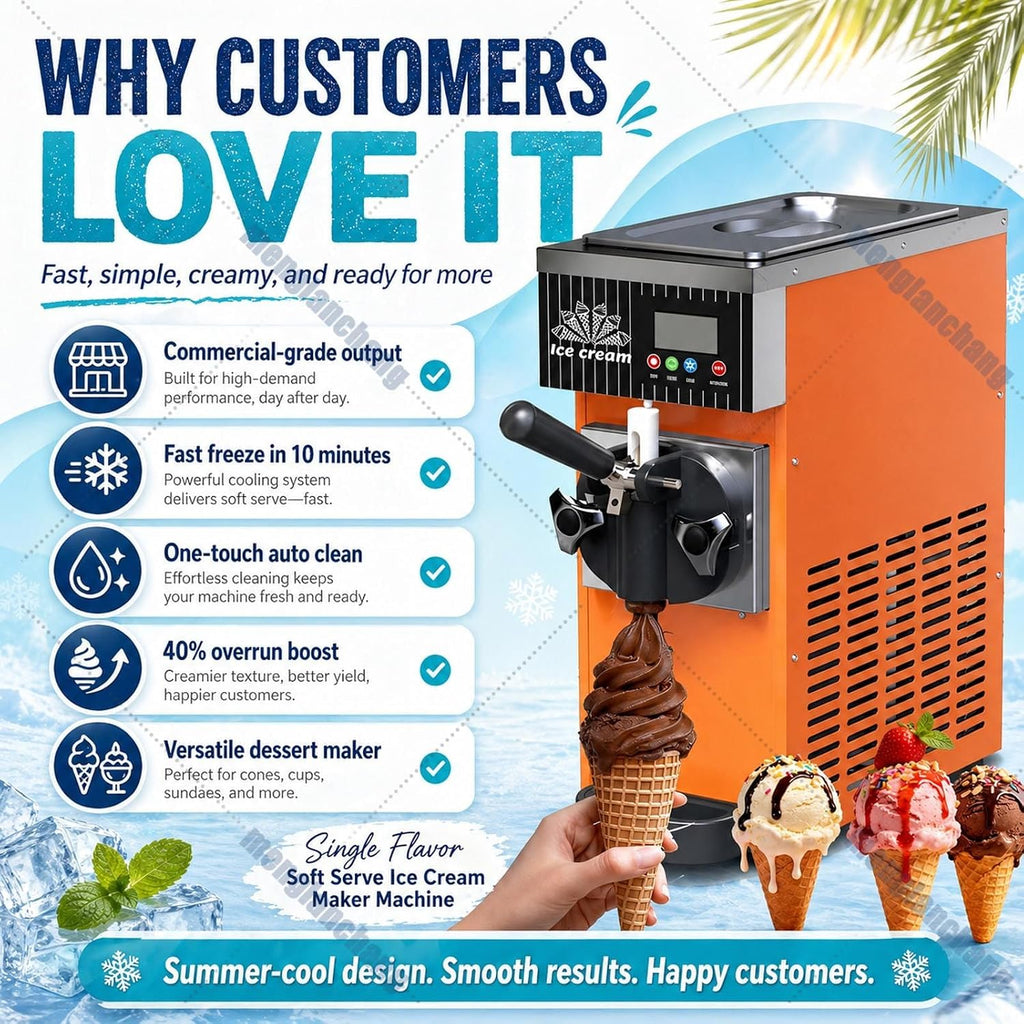 Soft Serve Ice Cream Machine for Home&Commerce-450w Countertop Single Flavor Maker, 4-5L/H Yield, with 2.5l Material