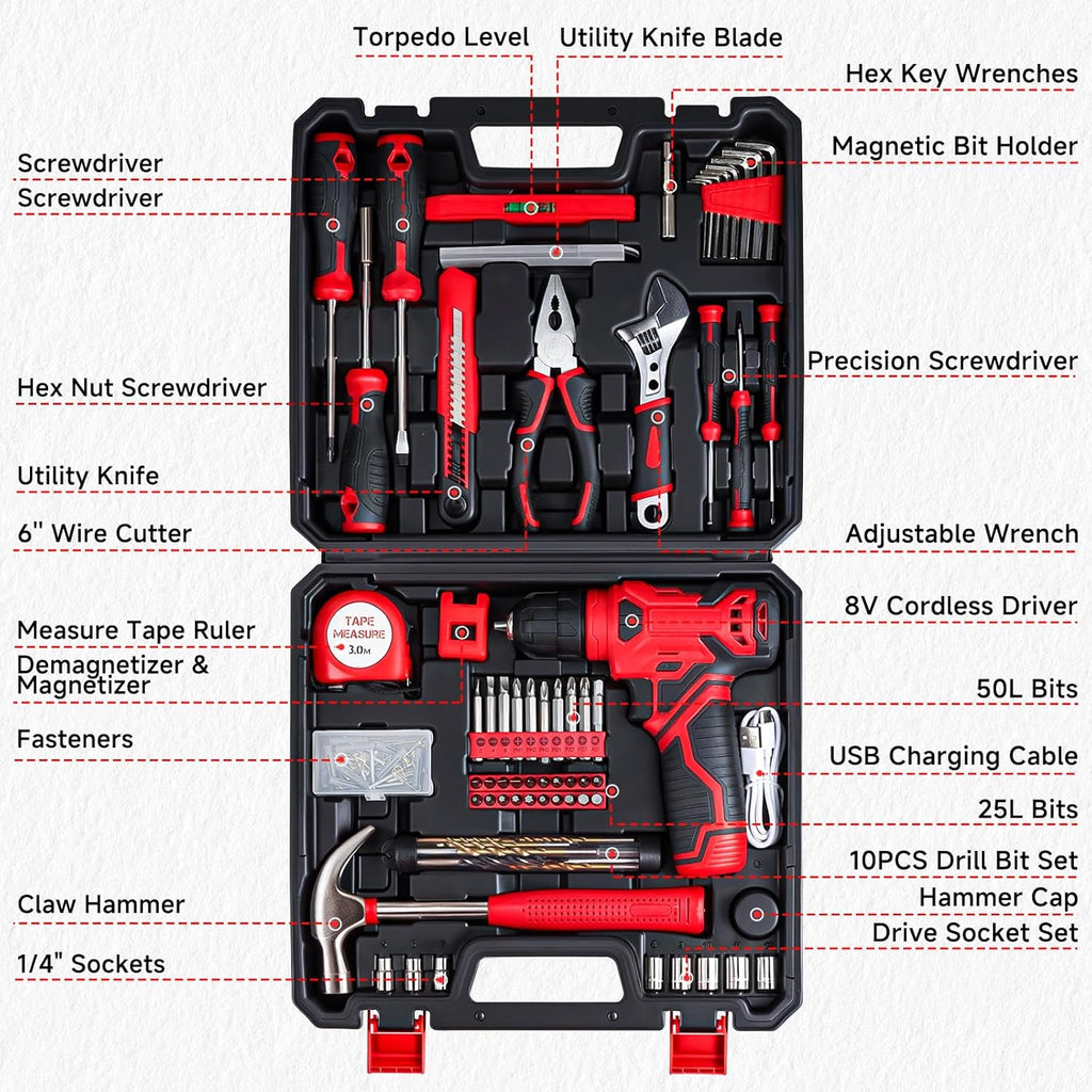 Tool Set - 8V Cordless Drill Set, 132 Piece Home Tool Set With Hand Drill, Tool Kit for Women & Men, Perfect for