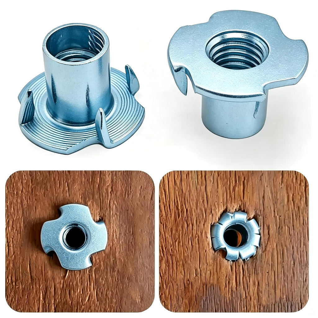 M8 T-Nuts for Climbing Wall: 30 Pack 4 Pronged Tee Nuts Zinc Plated Threaded Inserts - No Rust No Spin
