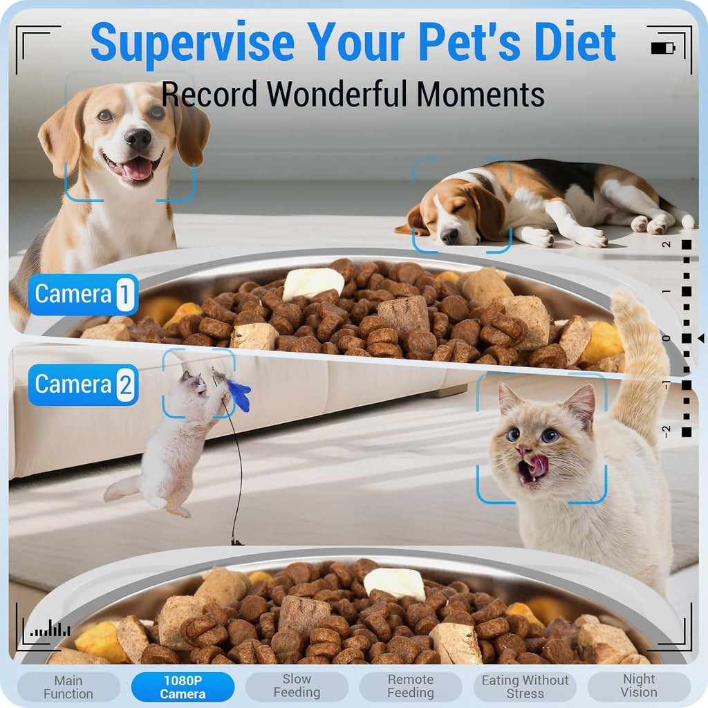 Automatic Cat Feeder with Two 1080P Camera for 2 Cats: 7L Automatic Dog Feeder with Night Vision & Slow Feed, 5G WiFi
