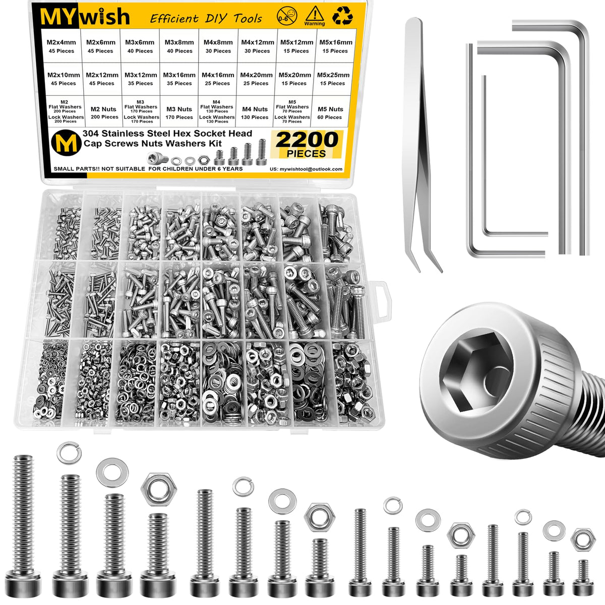 2200pc M2-M5 Metric Screw Assortment Kit, Stainless Steel Hex Bolts & Nuts, Spring Washers, Anti-Rust, with Hex