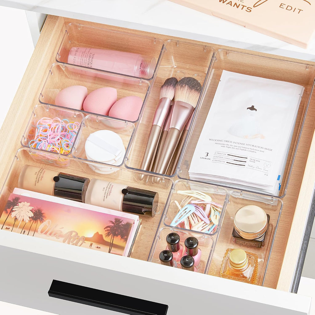 44 PCS Clear Plastic Drawer Organizers Set, 4-Size Versatile Bathroom and Vanity Organizer Trays, Non-Slip Storage