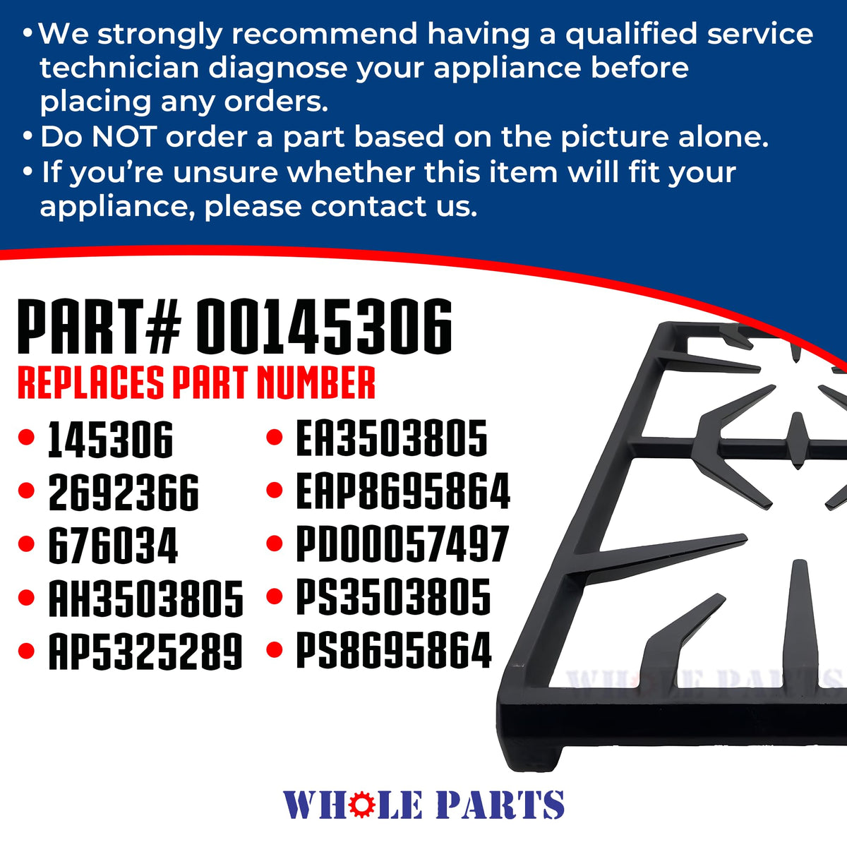 Whole Parts Upgraded Range Burner Grate Part# 00145306