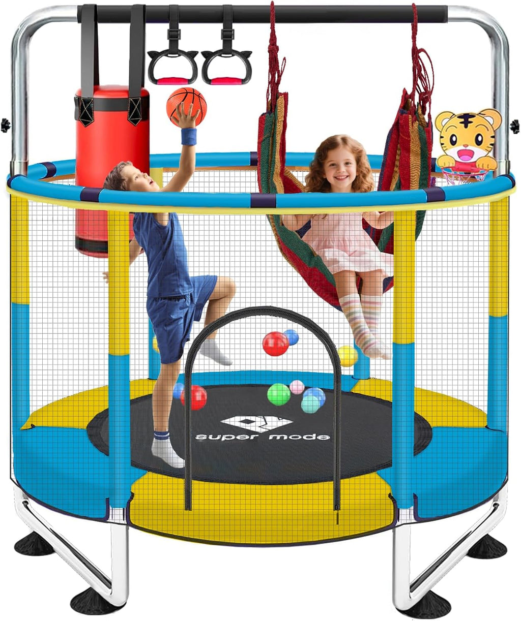 55" Indoor & Outdoor Trampoline for Kids with Enclosure, Toddler Trampoline with Adjustable Gymnastics Bar & Toys