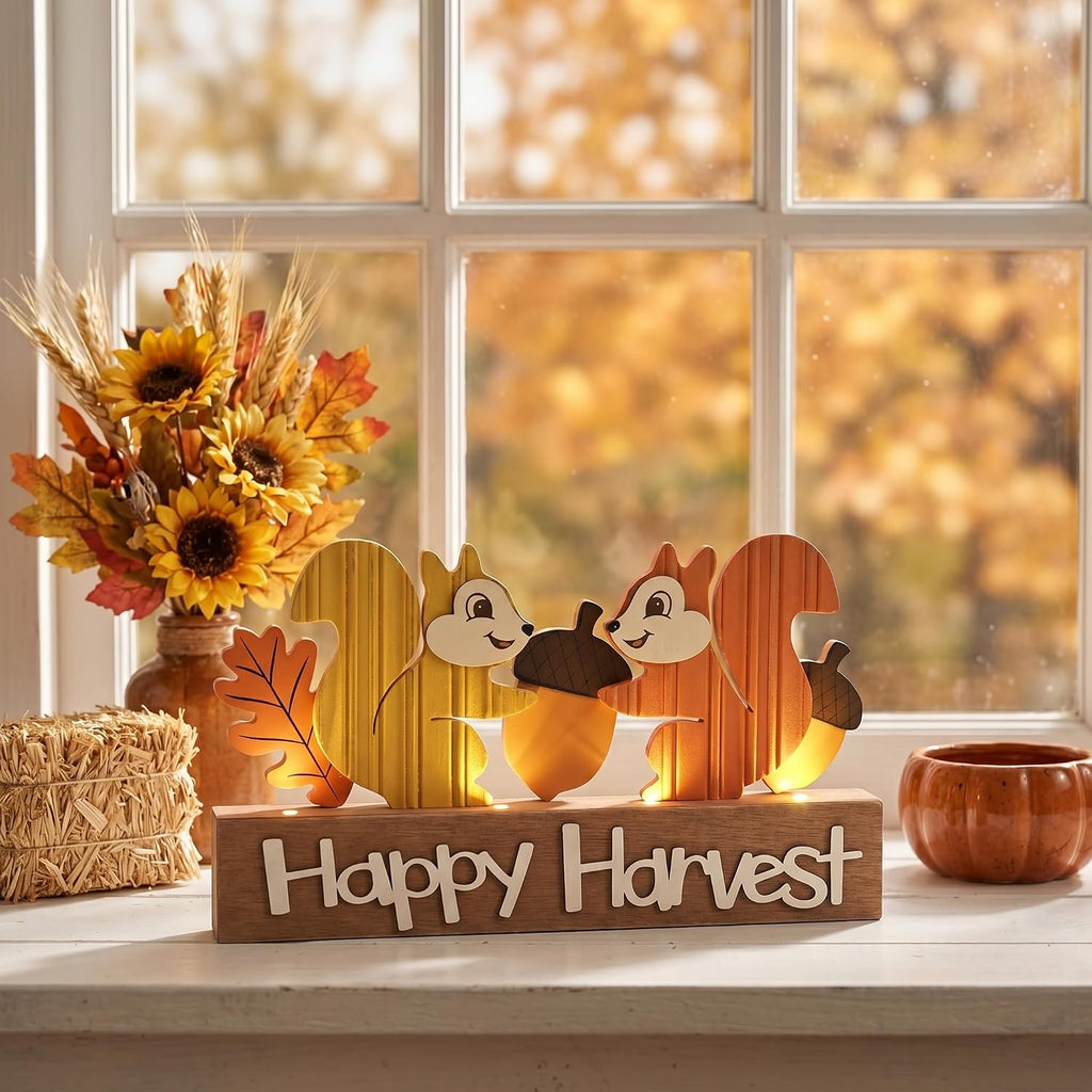 Fall Decorations for Home with LED Lights, Lighted Fall Decor Featuring Squirrel, Acorns and Oak Leaves, Autumn