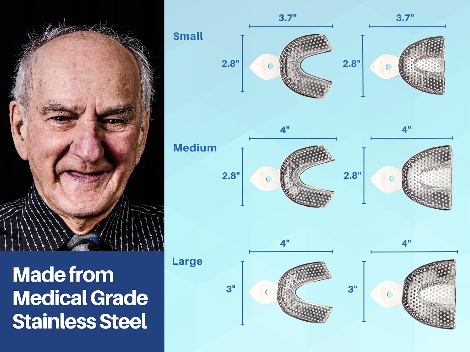 Dental Impression Trays – Set of 6 Stainless Steel, Perforated, Autoclavable Trays (Small, Medium, Large) for Upper &