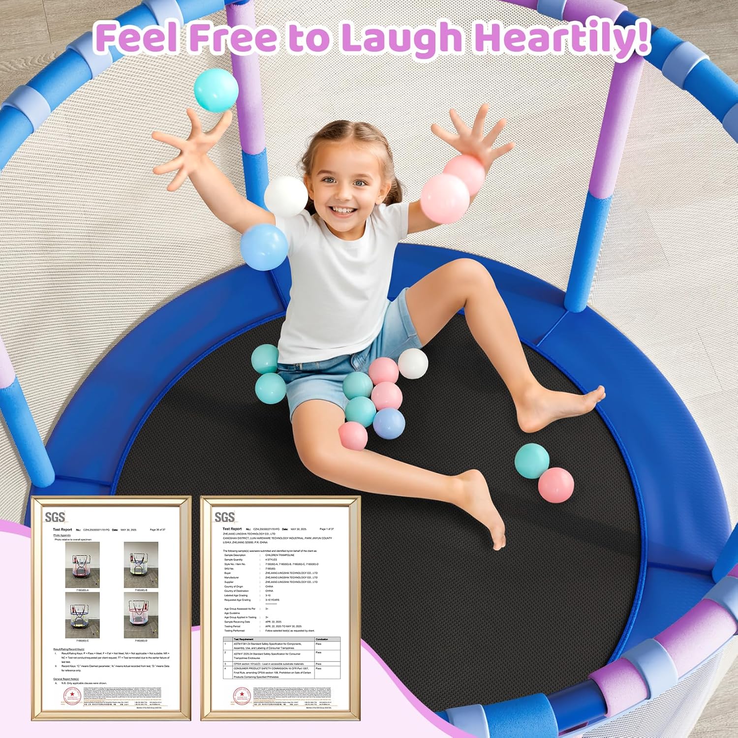 55" Trampoline for Kids with Enclosure, 6-in-1 Toddler Trampoline Indoor Outdoor, Upgrade Full Anti-Rust Tube with