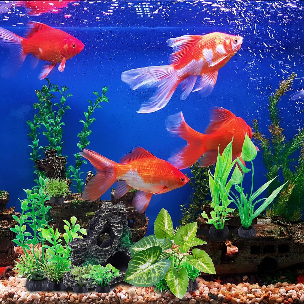 9PC Artificial Aquarium Plants Fish Tank Decor Betta Driftwood Green | Weighted Base With Rock Mountain, Non-Fading