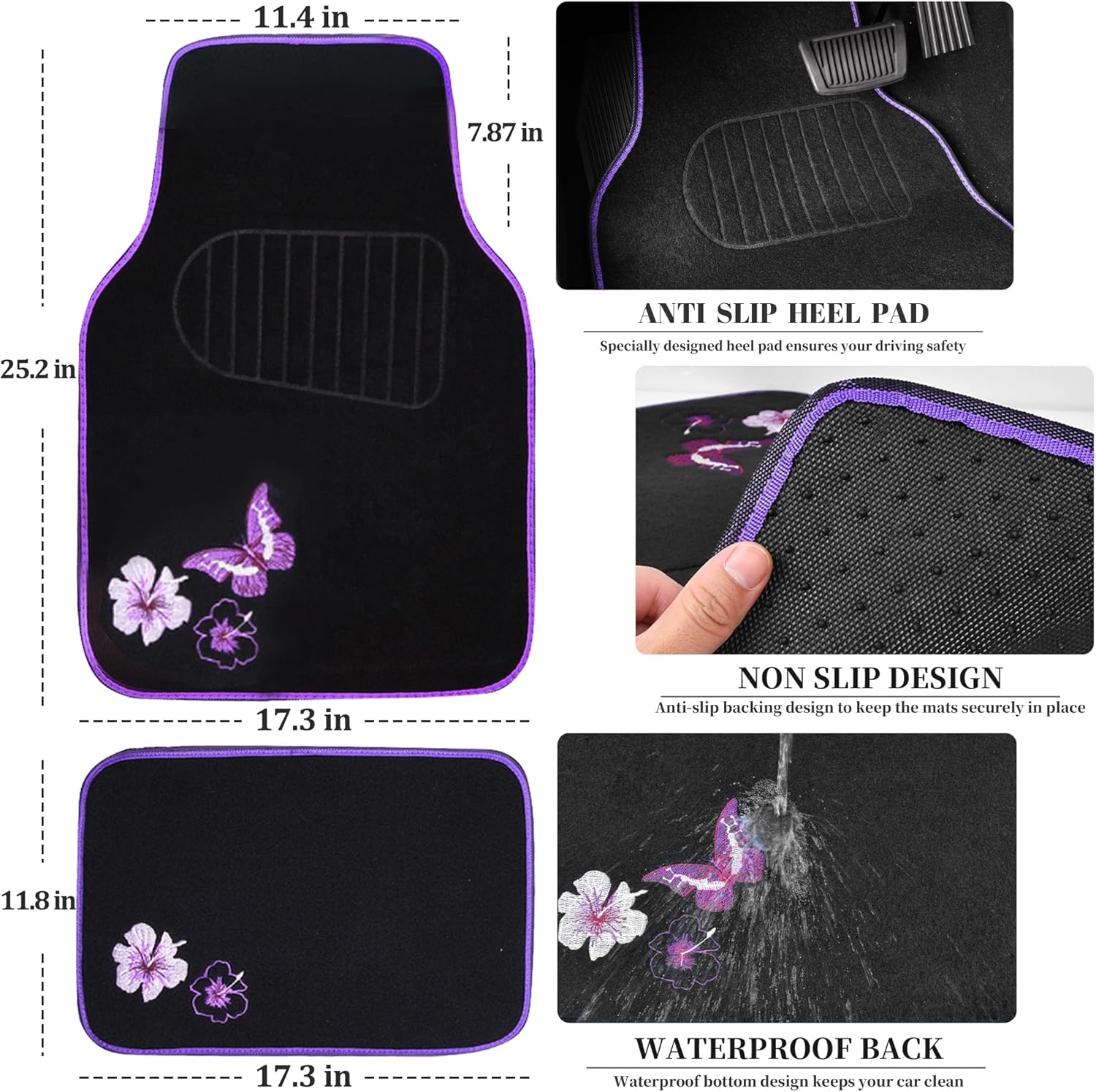 Embroidery Butterfly and Flower Car Floor Mats, Purple Car Floor Mats, Universal Fit 95%
