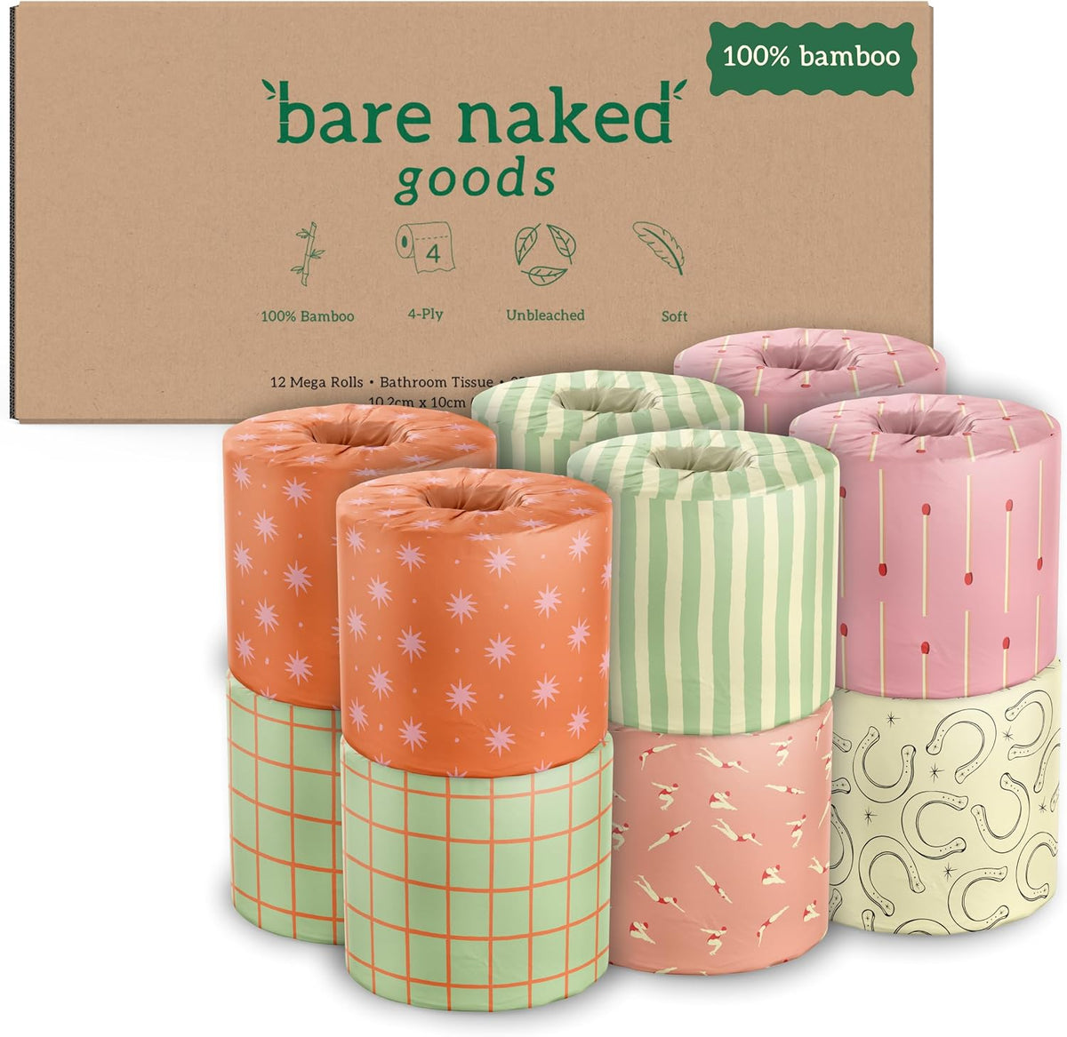 Bare Naked Unbleached Bamboo Toilet Paper, 12 Rolls, 250 Sheets, 4-Ply