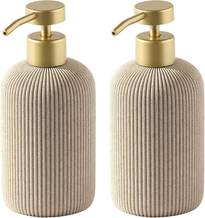 Soap Dispenser14.2OZ, 2PCS Luxurious Stripe,Beige, Gold Pump | Modern,Hand Dish Soap Dispenser Set, Refillable Lotion